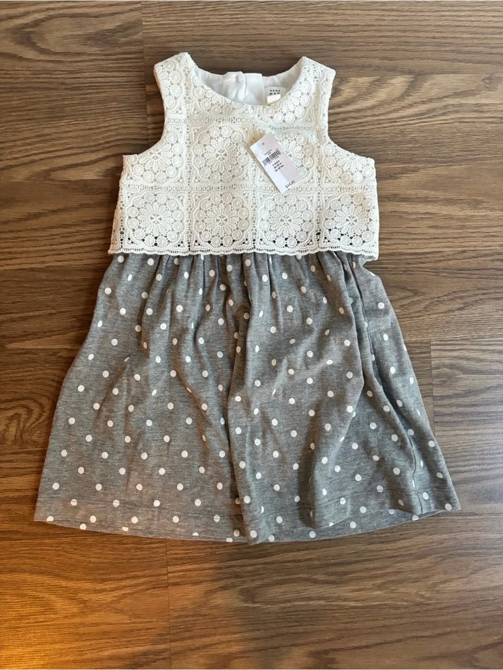 GAP Cream Crochet Bodice Gray Polka Dot Skirt Dress
